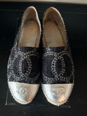 Authentic CHANEL Black Tweed Espadrilles with Silver Cap-Toe